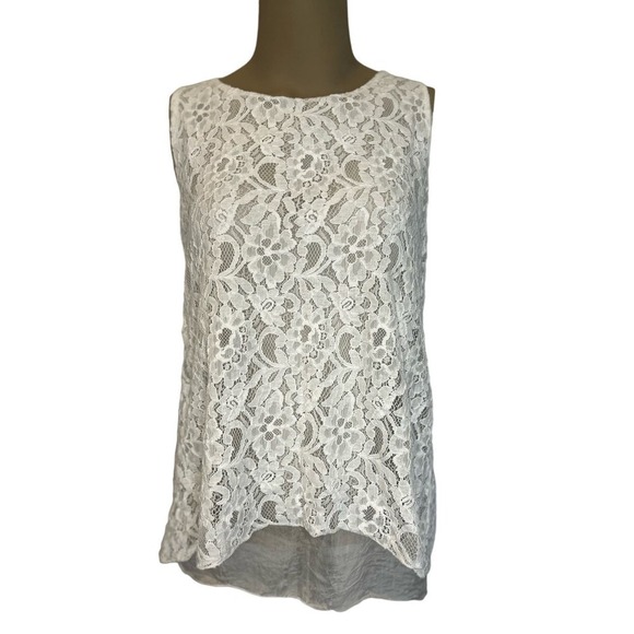 Dolce Ragazza Sm- Ivory Top Tank Blouse Silk Chiffon Shirt Tail Hem Lace Overlay - Picture 1 of 7